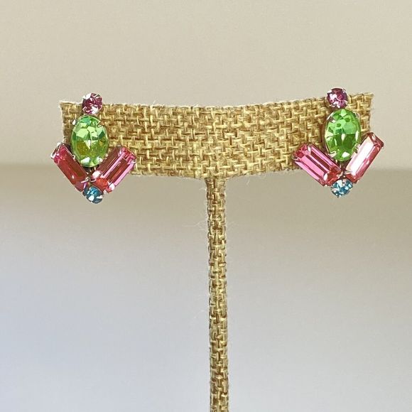 Coro Jewelry - Vintage Signed Coro Pastel Green Pink Blue Purple Rhinestone Screwback Earrings